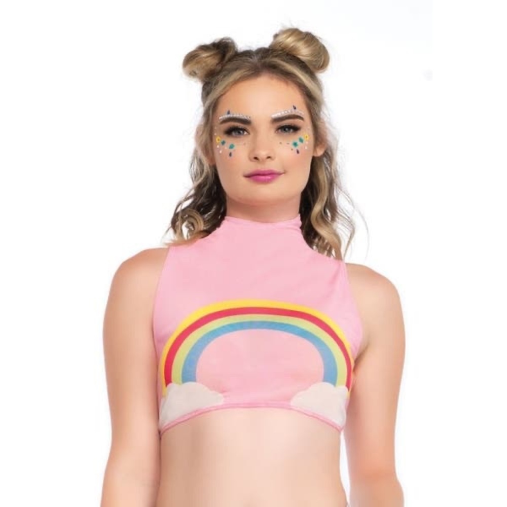Leg Avenue Rainbow high neck mesh crop top with zipper back (NWOT)